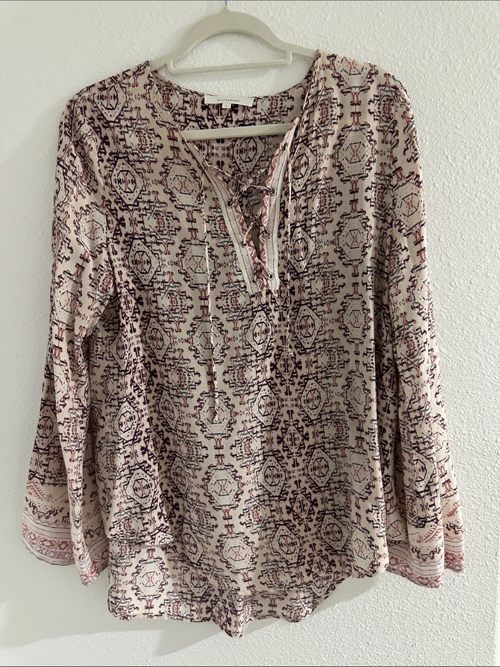 Olivaceous Cream Tunic with Mauve Print and Lace-Up Neck